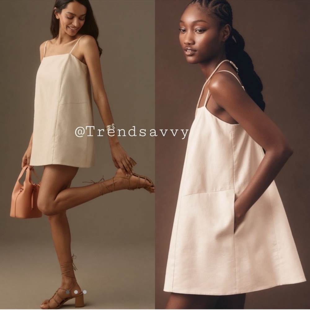 Anthropologie Mare Mare Linen Mini Dress Beige A-Line Square Neck XL NWT